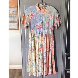 Together! Vintage Pastel Floral Colorblock Button Down Midi Shirt Dress, M